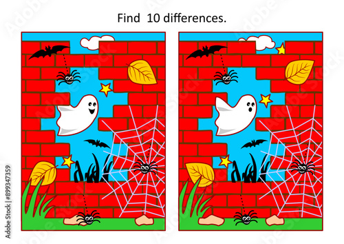 Halloween difference game or picture puzzle. Find 10 differences with spooky little ghost in tne night, red brick wall ruin, spiders, bats. 
