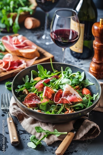 salad with arugula and jamon and wine on the table. Selective focus.