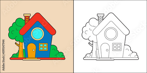 Cute house suitable for children's coloring page vector illustration