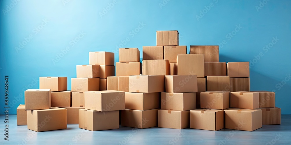 Lots of cardboard craft boxes for moving and packing are arranged neatly on a blue background, cardboard boxes, craft Lots of cardboard craft boxes for moving and packing are arranged neatly on a blue background, cardboard boxes, craft