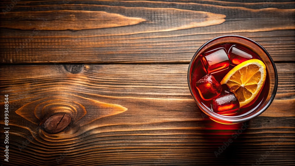 Negroni cocktail on wooden table from above, Negroni, cocktail, drink, alcohol, beverage, glass, orange, ice, table, wooden Negroni cocktail on wooden table from above, Negroni, cocktail, drink, alcohol, beverage, glass, orange, ice, table, wooden