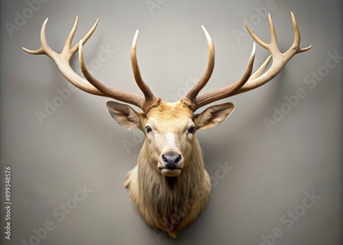 Majestic white taxidermy mount of a wild elk head with impressive antlers and expressive eyes, suspended against a neutral background, evoking rugged wilderness charm. © kansak01