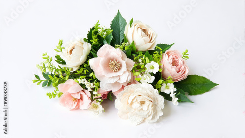 Elegant Arrangement of Fresh Roses and Greenery on White Background - Perfect for Weddings and Celebrations © Qstock