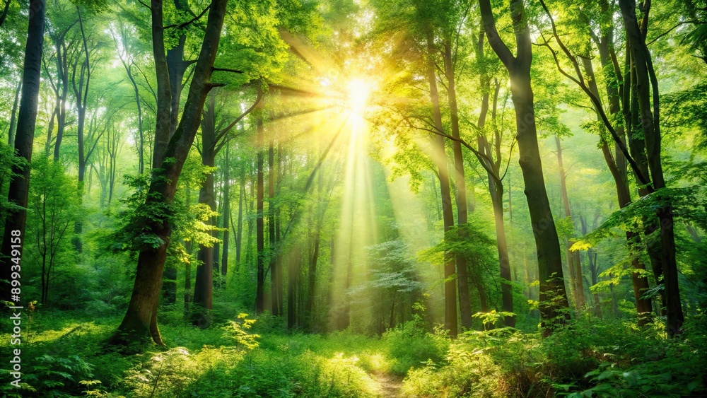 Background of a serene forest with lush green trees and sunlight peeking through the foliage, serene, forest, background, green Background of a serene forest with lush green trees and sunlight peeking through the foliage, serene, forest, background, green