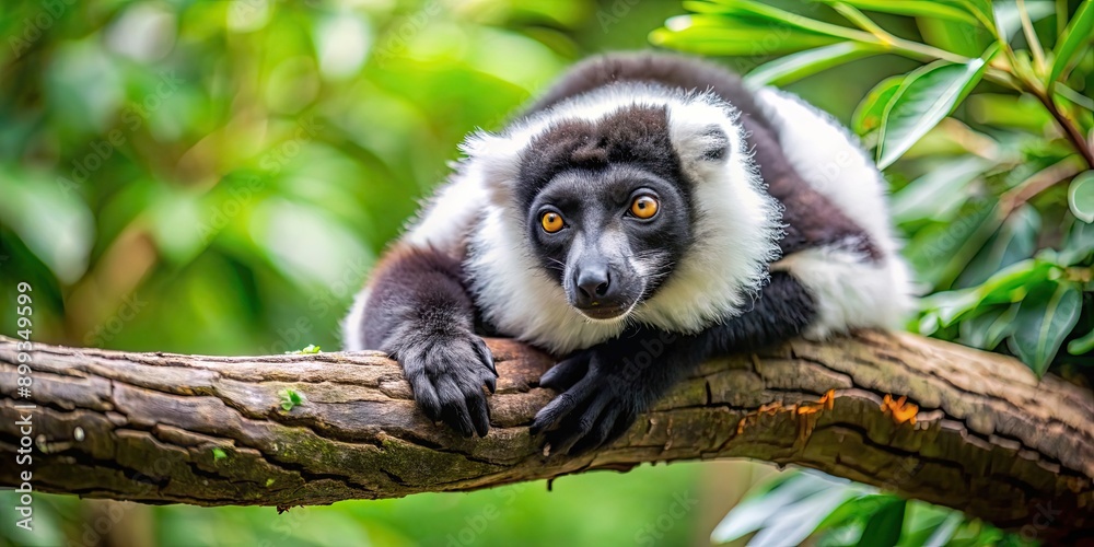 Obraz premium Beautiful ruffed lemur peacefully sleeping in a tree , Madagascar, wildlife, cute, fluffy, endangered species, nature
