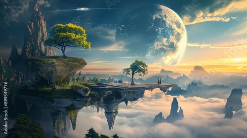 Creative professional designing a surreal landscape on a computer, creative thinking, digital artistry in a dreamlike world