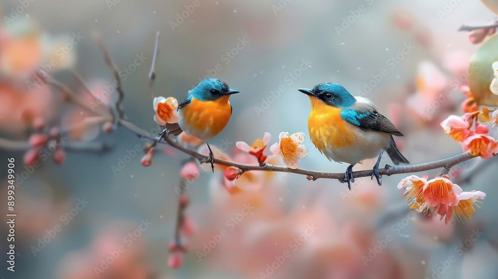 A pair of sunbirds with their beaks intertwined on a flowering branch. A pair of sunbirds with their beaks intertwined on a flowering branch.