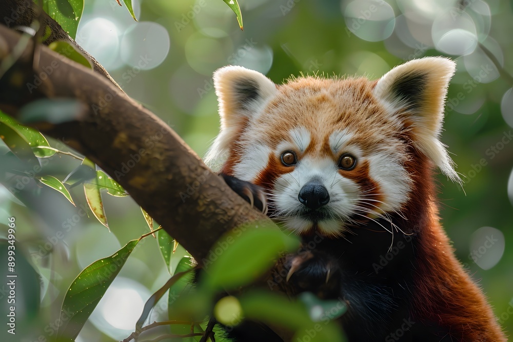 Fototapeta premium Adorable Red Panda Climbing Tree Branch in Lush Forest Curious Wildlife Portrait