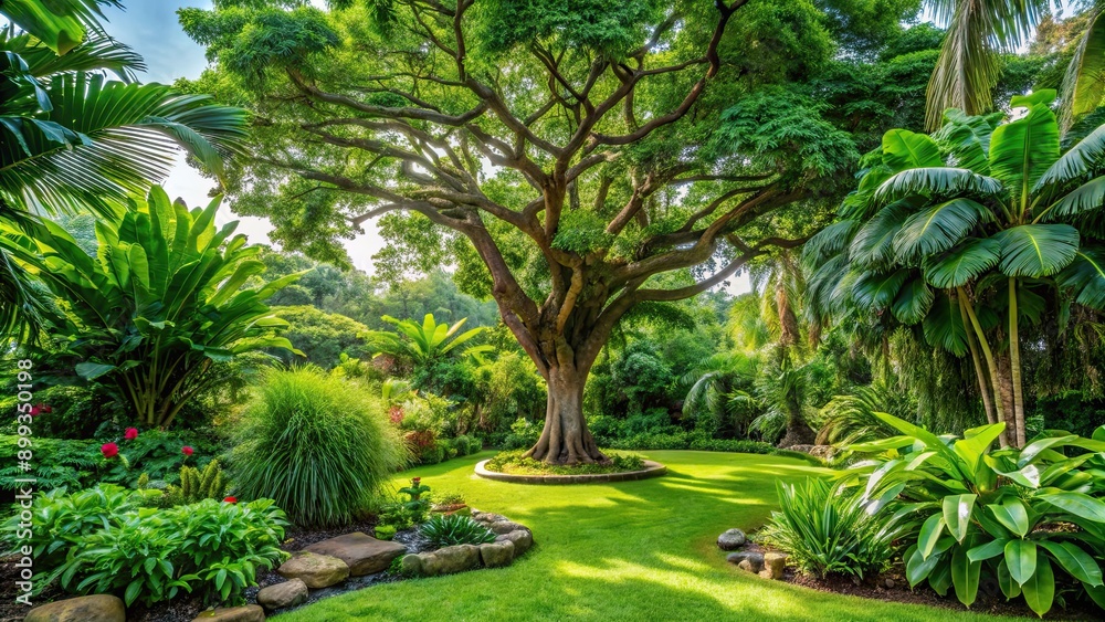 Tropical garden with lush greenery and a large tree, tropical, garden, lush, greenery, tree, exotic, paradise, foliage Tropical garden with lush greenery and a large tree, tropical, garden, lush, greenery, tree, exotic, paradise, foliage
