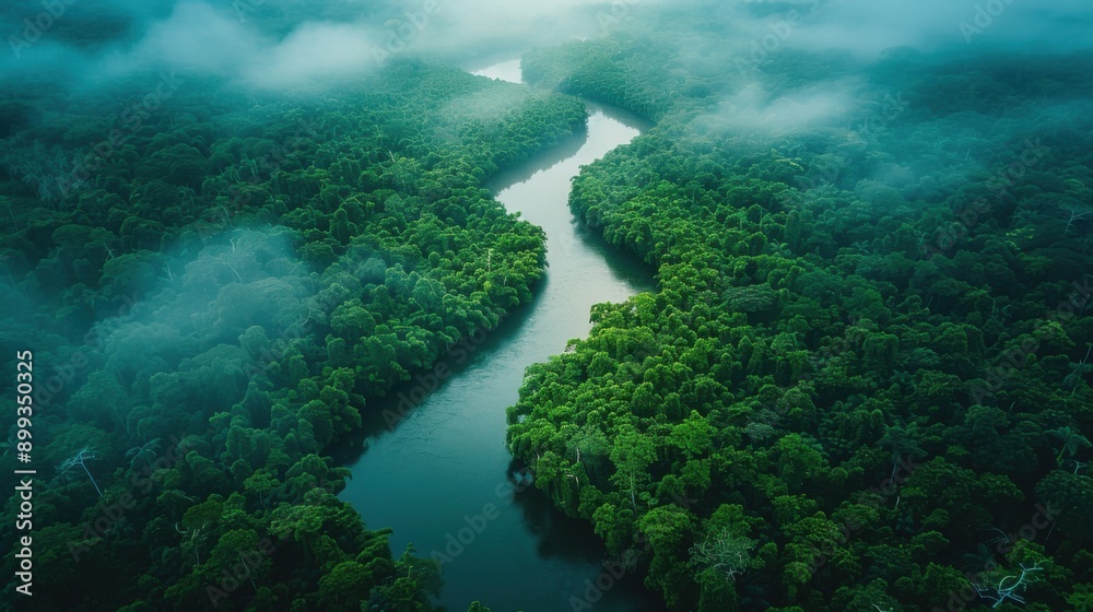 Serene Aerial View of Winding River in Lush Rainforest Canopy with Mist - Captured by DJI Phantom 4 Pro Drone Camera Serene Aerial View of Winding River in Lush Rainforest Canopy with Mist - Captured by DJI Phantom 4 Pro Drone Camera