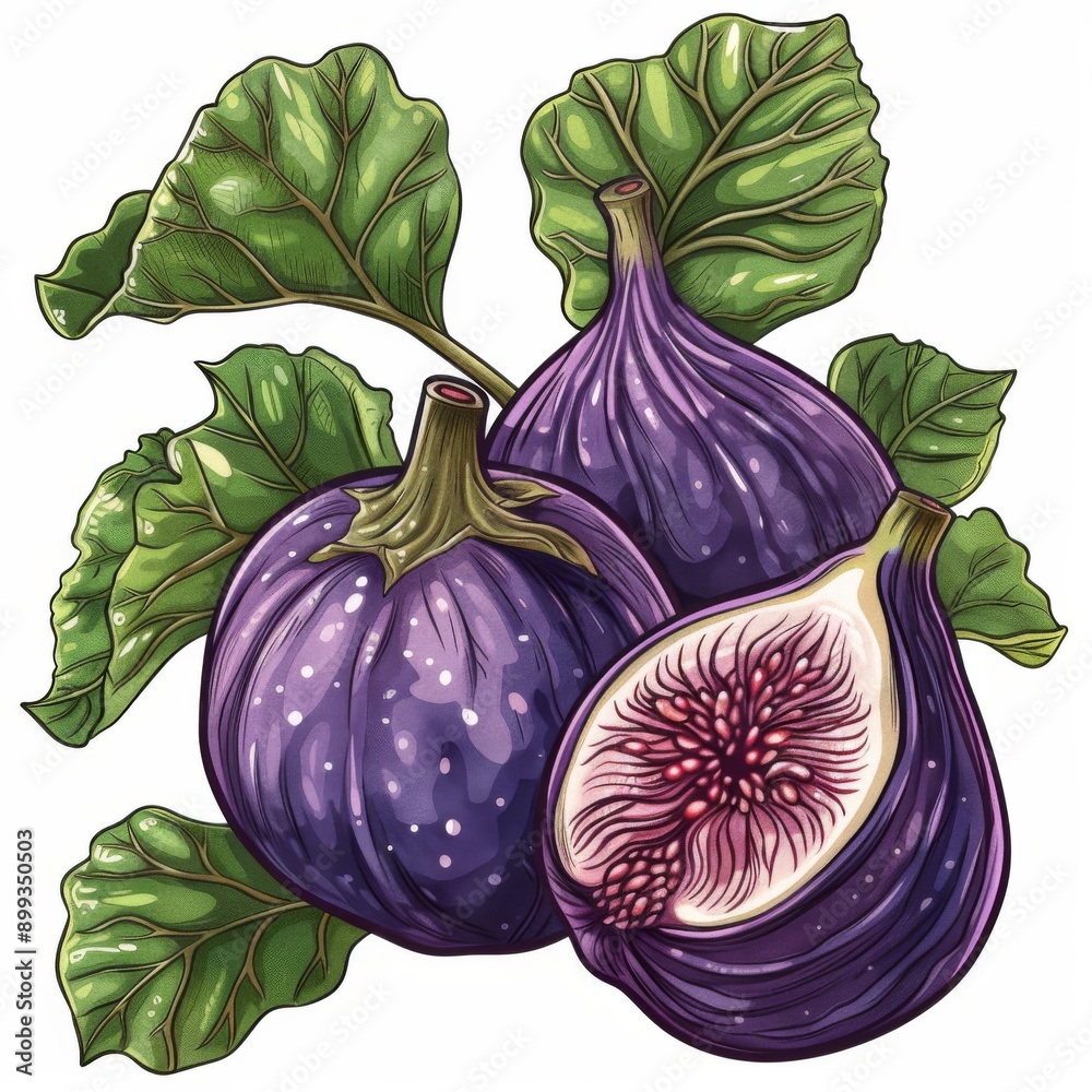 Naklejka premium A fig clipart, fruit element, intricate design, purple and green, isolated on white background