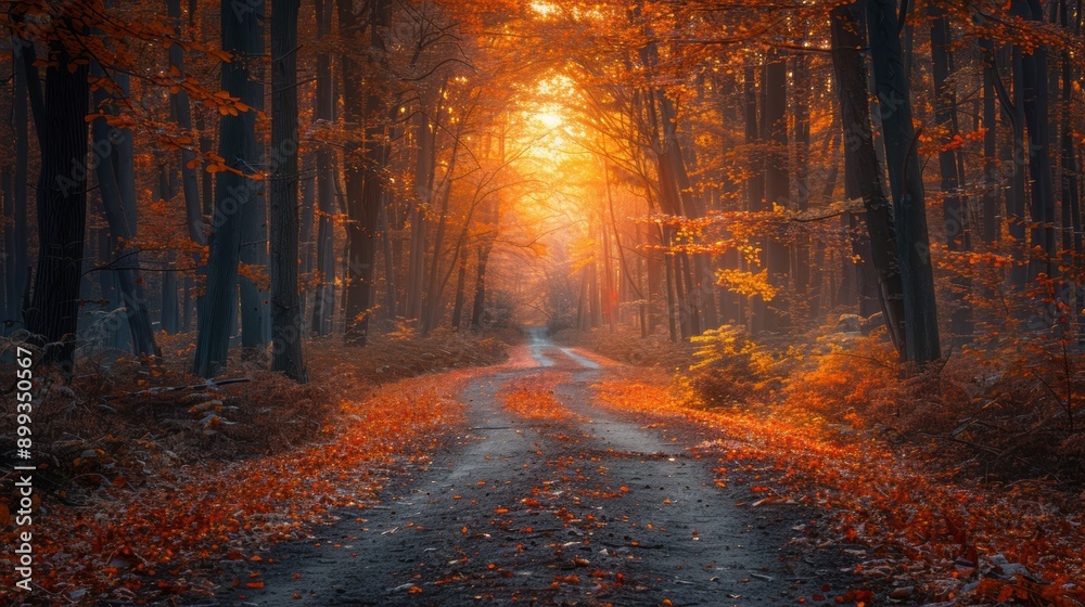 Fototapeta premium Enchanting Autumn Forest Exploration - Warm Light, Vibrant Foliage, and Serene Path in Nature Photography with Nikon D850