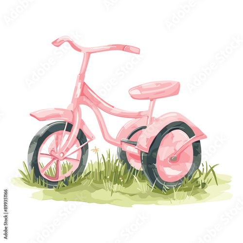 Pink tricycle on grass watercolor illustration.