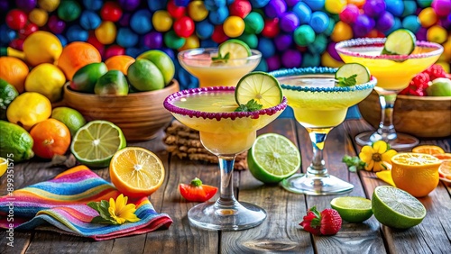 Colorful margaritas with lemons and festive decorations on a table, margarita, colorful, drink, cocktail, lemon, citrus