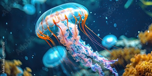 different jellyfish underwater. Selective focus.