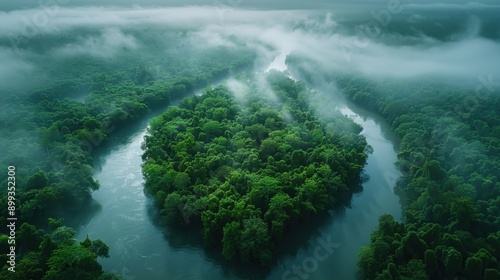 Majestic Aerial View of Winding River in Dense Rainforest - Breathtaking Wilderness Drone Photography with DJI Phantom 4 Pro 20mm Lens © ChalatBoonwan