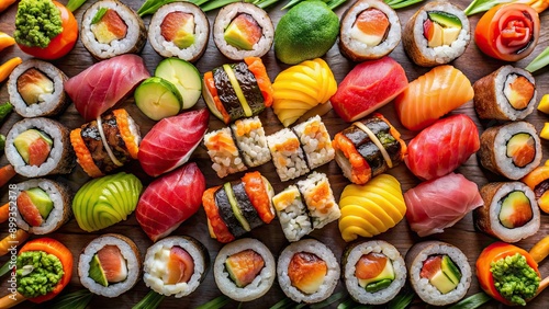 Overhead view of a colorful assortment of Japanese sushi rolls including tuna, salmon, shrimp, crab, and avocado , sushi, maki