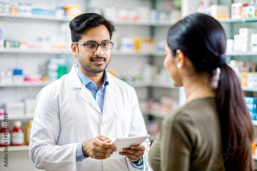 Indian Pharmacist Consulting Customer About Medication 