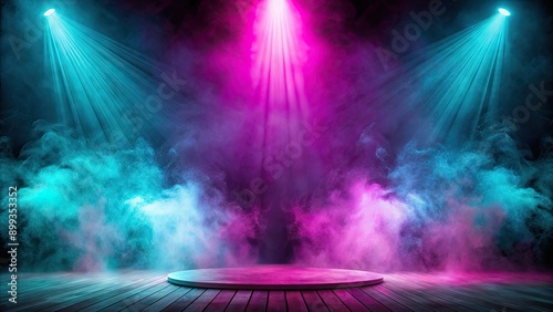 Vibrant stage filled with neon pink smoke and turquoise spotlight , playful, atmosphere, stage, colorful, vibrant