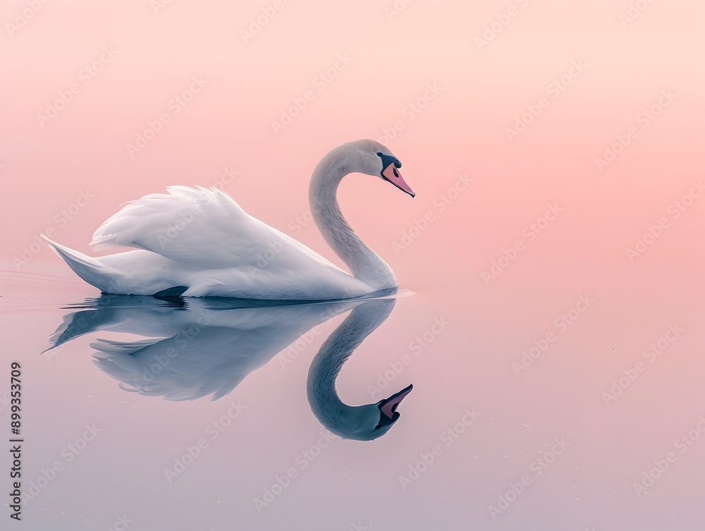 Fototapeta premium Graceful Swan Gliding Across a Serene Dawn Lake Its Reflection Creating a Mirror Image