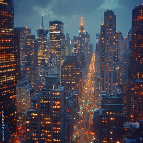 Urban Glow: Night View of City Skyscrapers with Orange Lights from Street Level