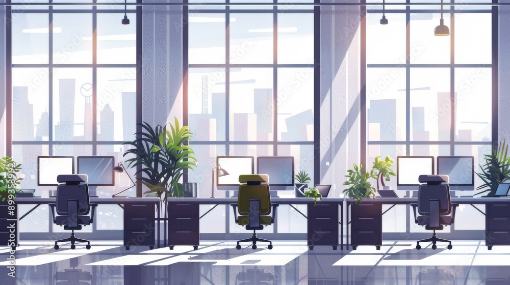 Fototapeta premium Modern Office Workspace with City View