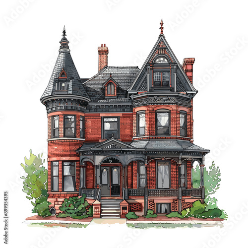 A traditional brick Victorian house with a wrap around porch and intricate details. 