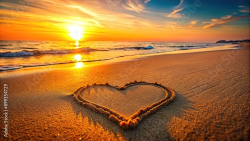 Fototapeta Naklejka Na Ścianę i Meble -  Romantic heart made of sand in a beach with a lovely sunset , beach, sand, heart shape, romantic, St. Valentine's Day, love