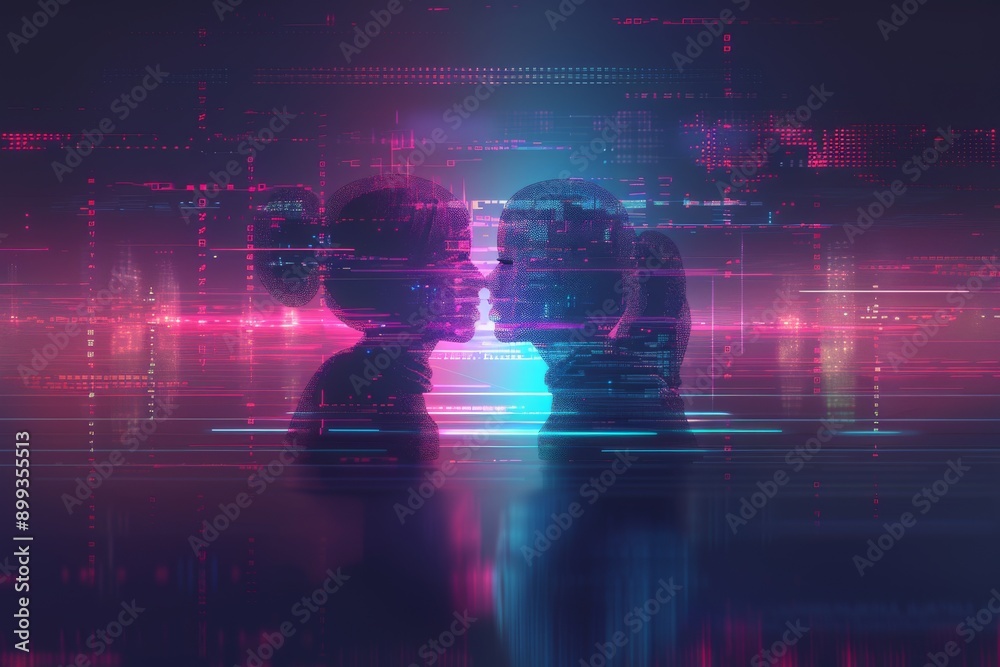Digital silhouettes of human faces in a neon lit environment symbolizing connection technology and modern relationships Digital silhouettes of human faces in a neon lit environment symbolizing connection technology and modern relationships