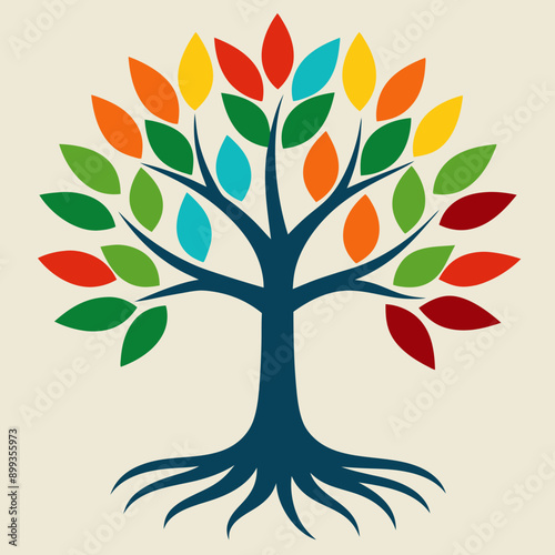 Tree with roots and multicolored leaves vector art illustration