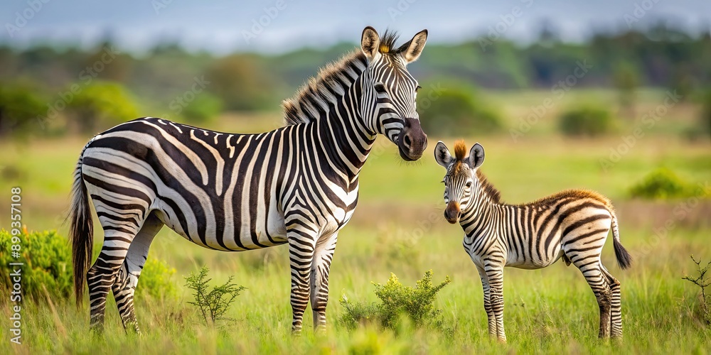 Naklejka premium Zebra foal staying close to its mother in the savanna , Wildlife, Africa, Stripes, Safari, Animals, Bond, Family, Grazing