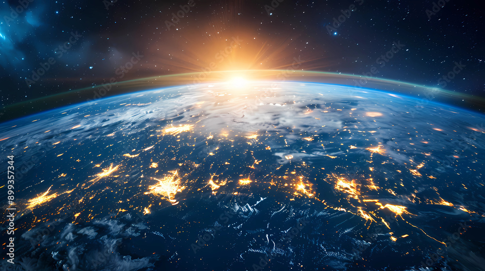 Obraz premium Panoramic view on planet Earth globe from space. Glowing city lights, light clouds