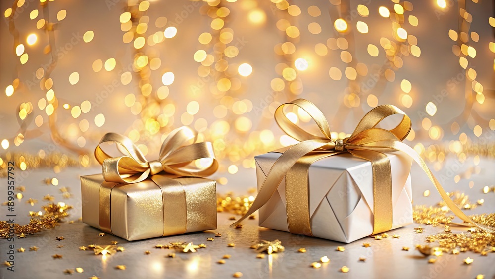 Elegant holiday gift boxes with gold ribbon and confetti on festive soft background, holiday, gift, boxes Elegant holiday gift boxes with gold ribbon and confetti on festive soft background, holiday, gift, boxes