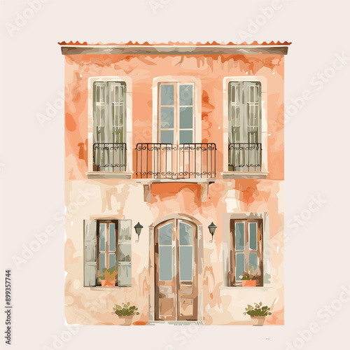 Watercolor painting of a two story house with a balcony and shutters.