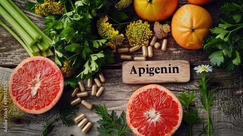 Apigenin in food products on the table. Selective focus.