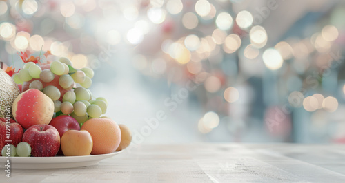 A plate of assorted fruits beautifully arranged, symbolizing abundance and prosperity during the Mid-Autumn Festival celebration. photo