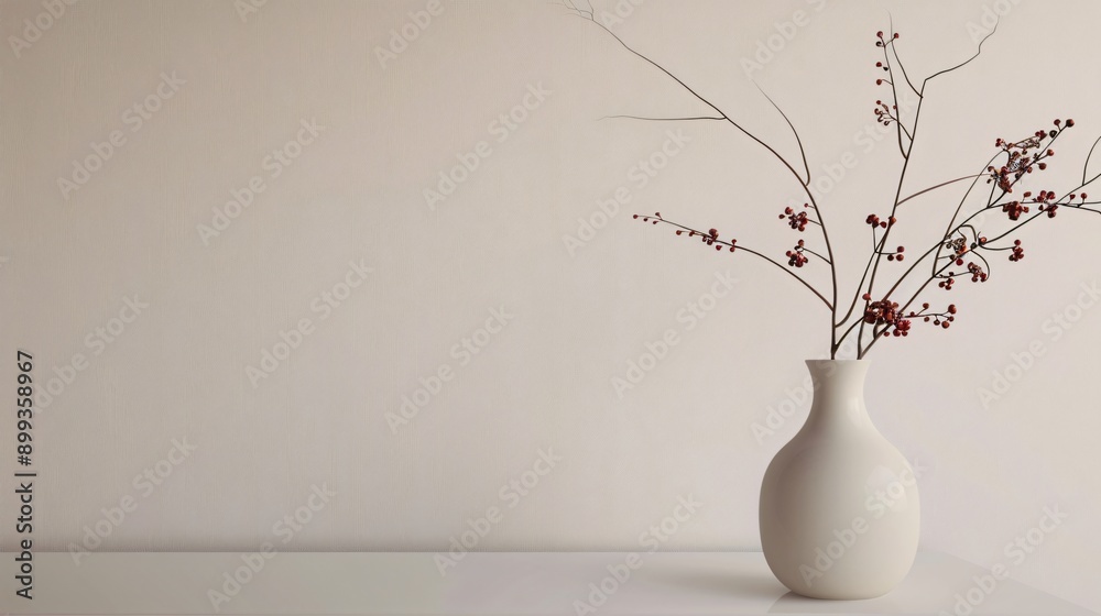 A simple, modern vase with a few autumn branches arranged in a minimalist style A simple, modern vase with a few autumn branches arranged in a minimalist style