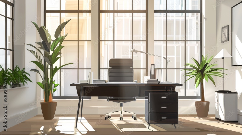 Fototapeta premium Modern Office Interior with Sunlight Streaming Through Windows