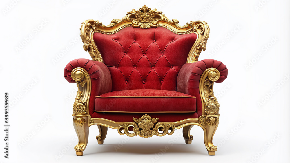 Elegant red and gold luxury armchair with intricate carvings and velvet upholstery, isolated on a transparent background, exuding opulence and sophisticated refinement. Elegant red and gold luxury armchair with intricate carvings and velvet upholstery, isolated on a transparent background, exuding opulence and sophisticated refinement.