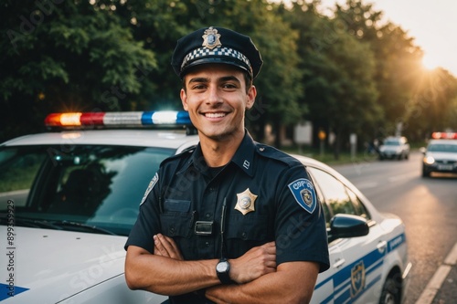 Close Portrait of Smiling young man cops stand near patrol car look at camera enforcement happy officer police uniform auto safety security communication control policeman portrait close up  photo