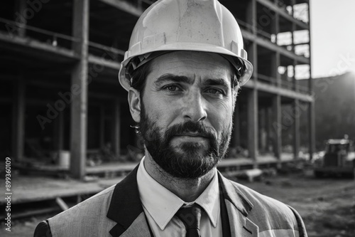 Worker in hardhat : Close portrait of Bearded man in suit with construction helmet,Black and white.