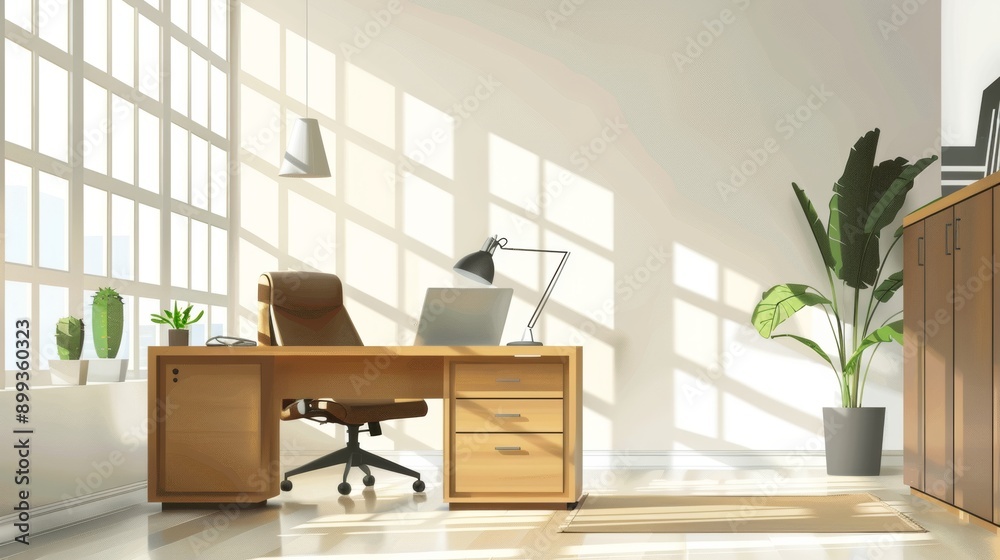 Fototapeta premium Modern Office Interior Design with Sunlight Streaming Through Window