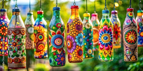 Recycled bottle decorations with colorful designs , upcycled, eco-friendly, DIY, craft, handmade, sustainable, recycled photo