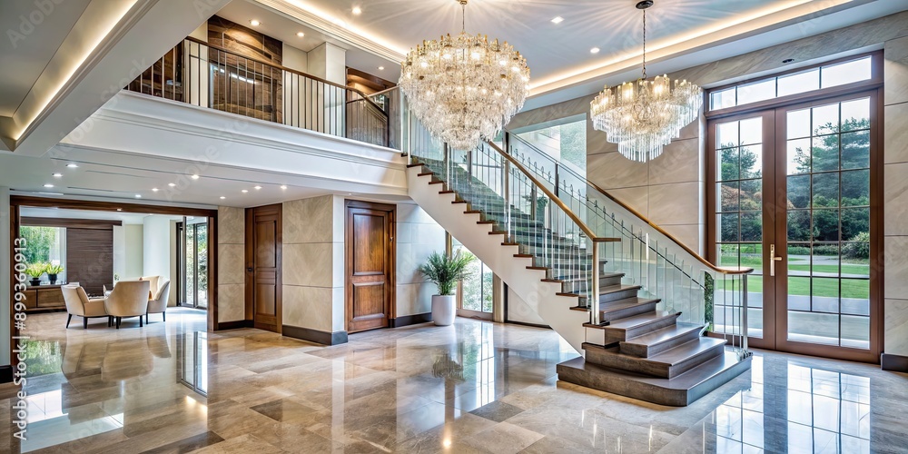 Obraz premium Contemporary entrance hall with marble staircase, glass balustrades, and a statement chandelier , modern, luxury
