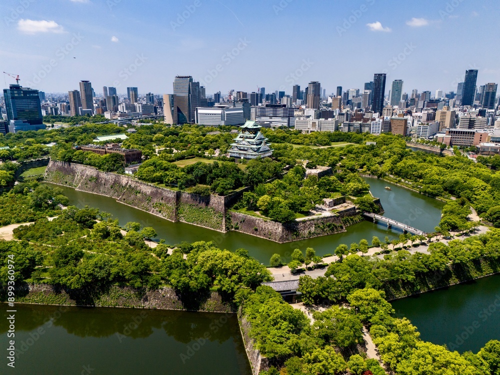 Obraz premium Drone footage of Osaka castle fortifications, Japan
