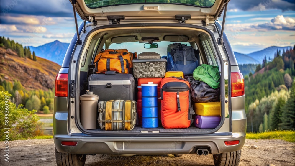 A rugged SUV trunk overflowing with vibrant travel bags, coolers, and outdoor gear, ready to embark on a thrilling journey to uncharted destinations.