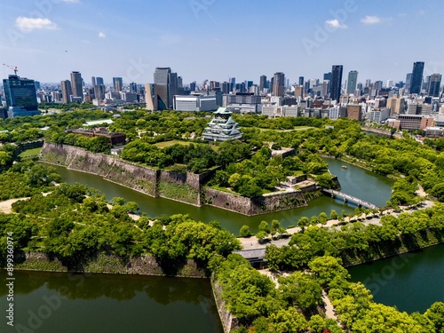 Drone footage of Osaka castle fortifications, Japan photo