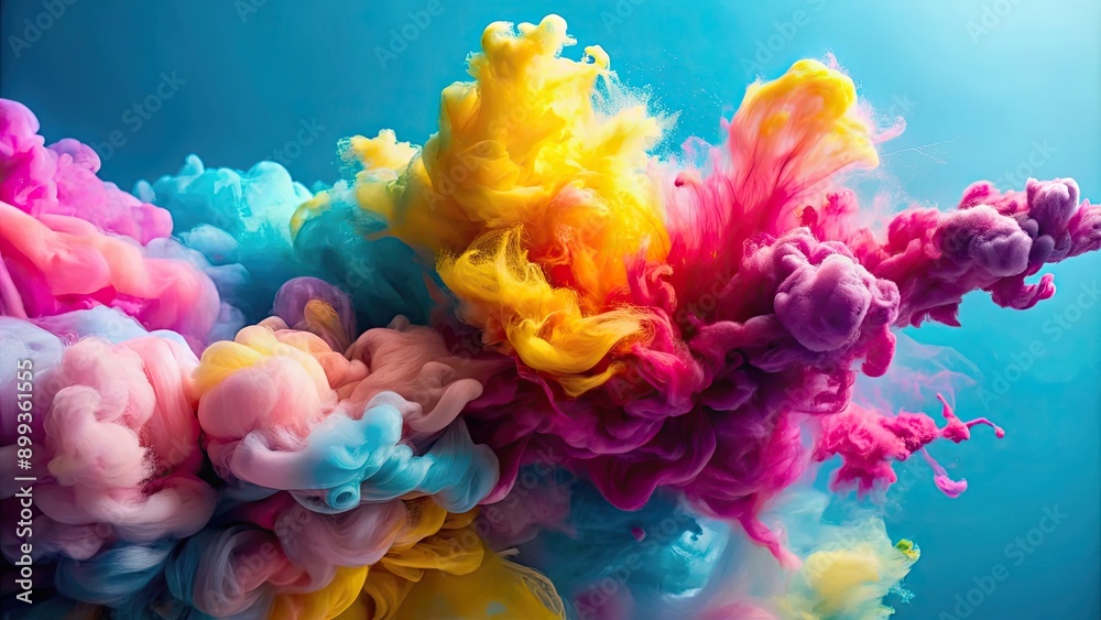 Fototapeta premium Vibrant fluid mix of pink, yellow, and purple acrylic paint or ink clouds on pastel blue background, vibrant, fluid, mix