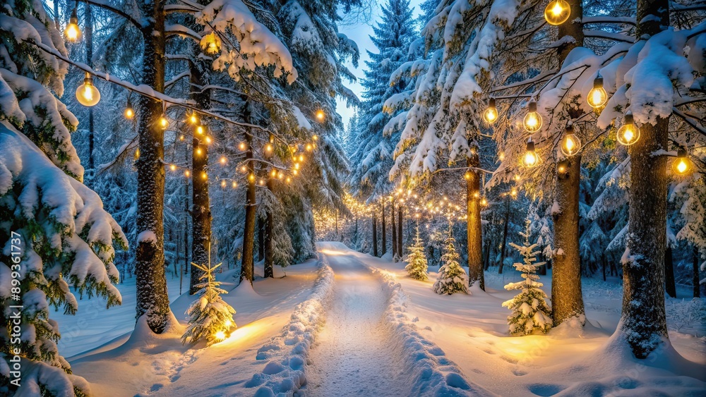 Snow-covered forest path illuminated by Christmas lights, creating a serene and festive nighttime celebration in nature Snow-covered forest path illuminated by Christmas lights, creating a serene and festive nighttime celebration in nature