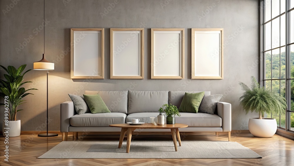 Fototapeta premium Mock up posters frame hanging on modern living room wall , mock up, frame, posters, modern, interior, wall, living room